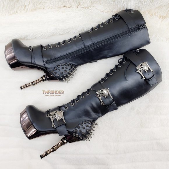Muerto Goth Punk Bone Heel Spiked Skull Buckle Knee Boots RESTOCKED - Picture 3 of 15